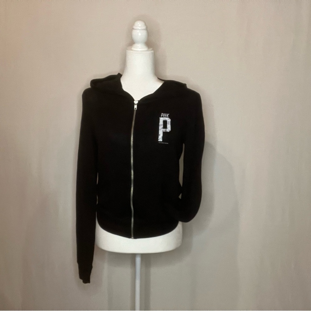 PINK Hoodie Black Zip Up Long Sleeve Logo Size Extra Small